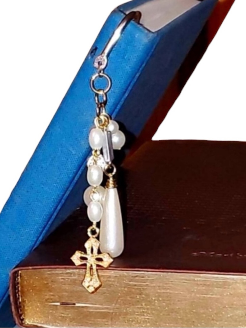 Handmade Bookmark Silver Tone With Dangling White Faux Pearls & Golden Cross
